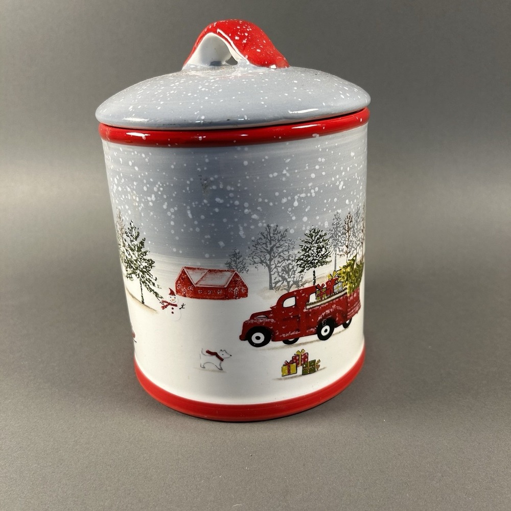 Grace Bake Shop Christmas Red Truck with Tree Canister Cookie Jar Ceramic 8"